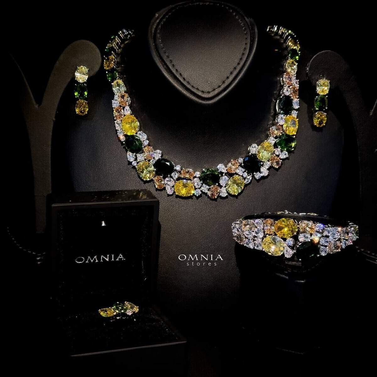 Omnia Artemis Yellow Green Multi Colored High Quality Simulated Diamonds Premium Rhodium Plated