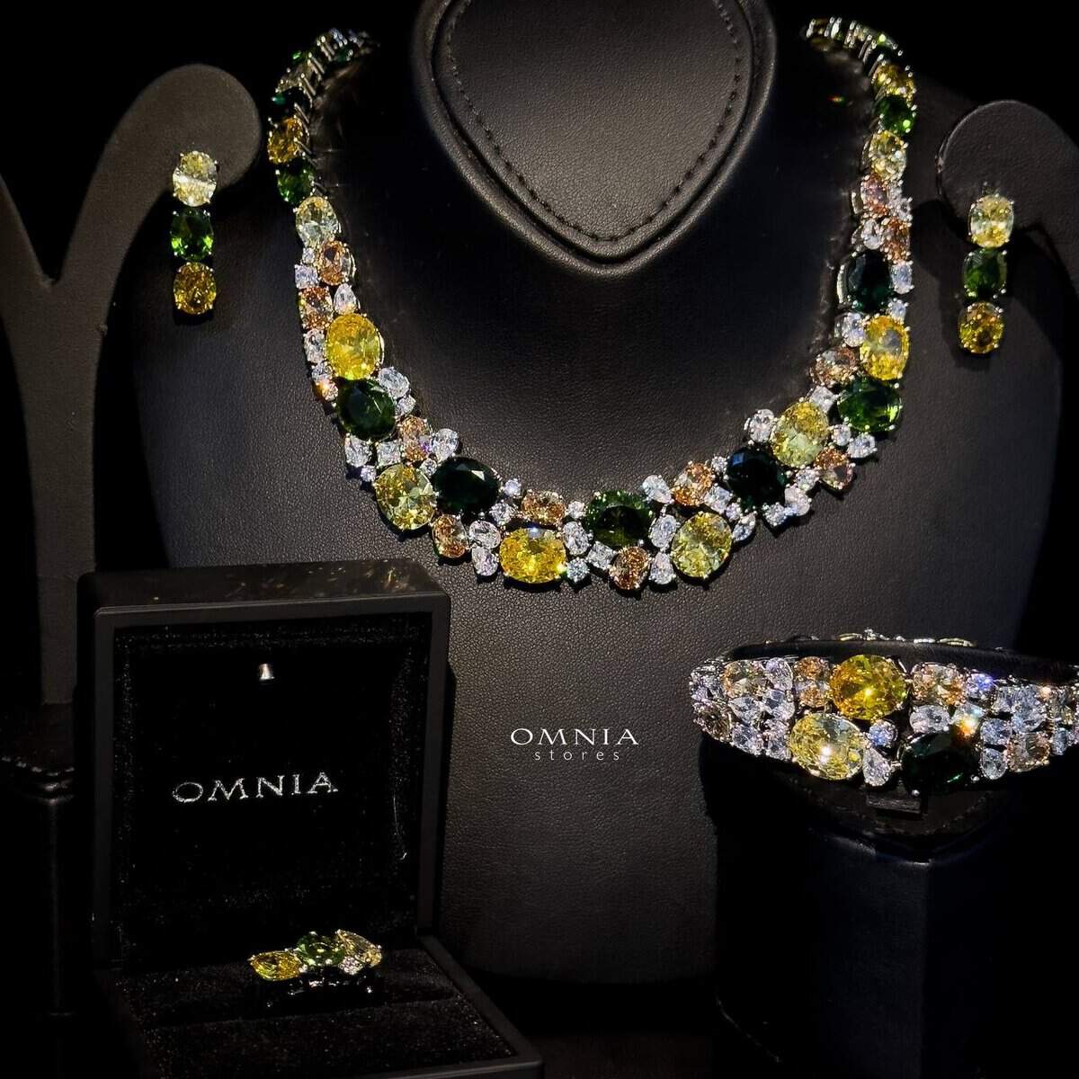 Omnia Artemis Yellow Green Multi Colored High Quality Simulated Diamonds Premium Rhodium Plated