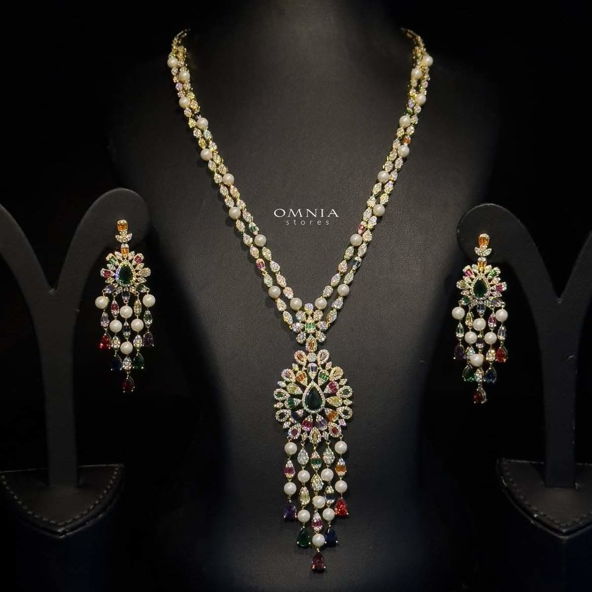 Omnia Inas Golden Long Chain Full Set Accessories High Quality Zircon Stone In Rhodium Plated - OMNIASTORES UAE