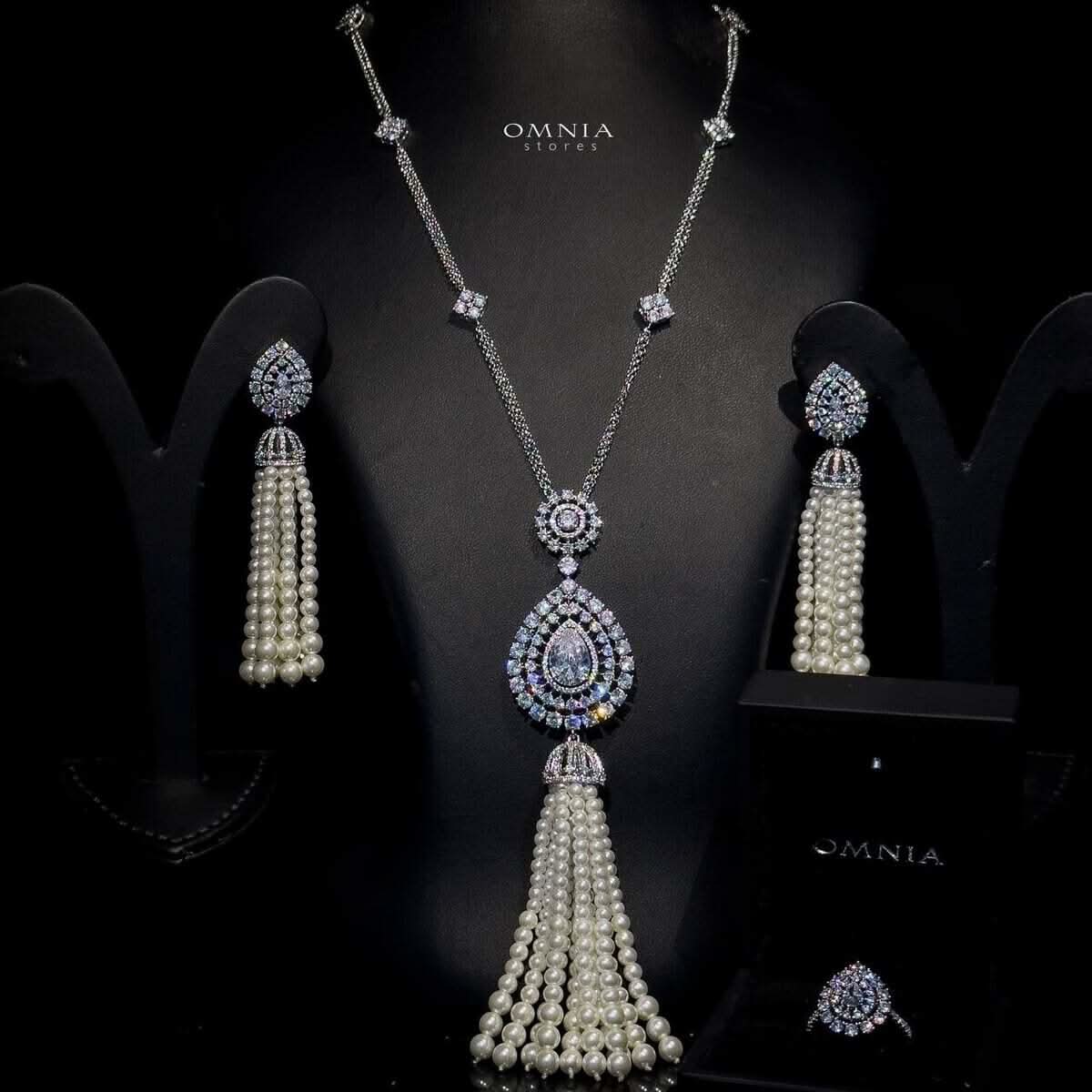 Omnia Asma Long chain Set Accessories High Quality Zircon Stone In Rhodium Plated - OMNIASTORES UAE