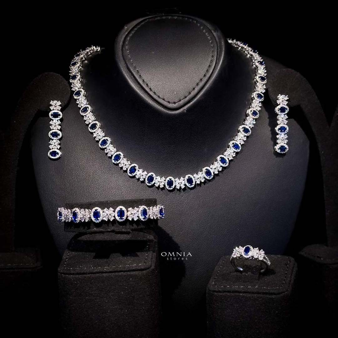 Omnia Mira Blue Bridal Full Set in High Quality Zircon Stone Premium Rhodium Plated - OMNIASTORES UAE