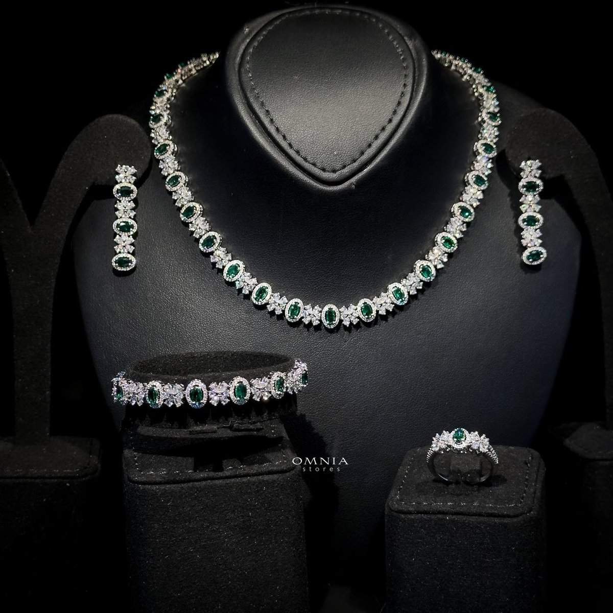 Omnia Mira Green Bridal Full Set in High Quality Zircon Stone Premium Rhodium Plated - OMNIASTORES UAE