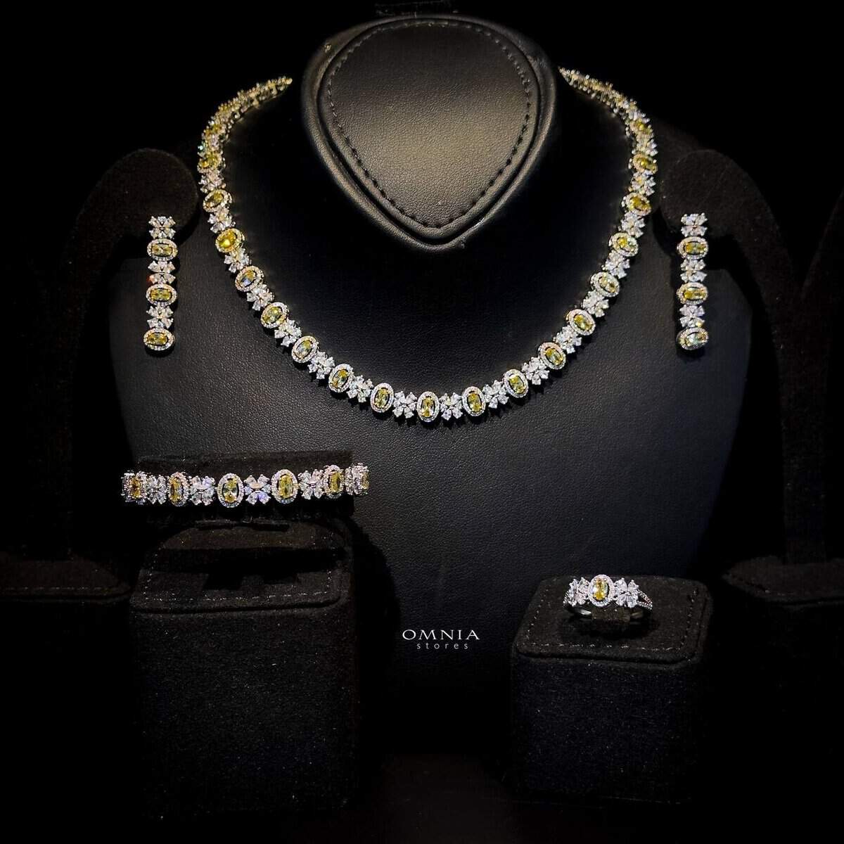 Omnia Mira Yellow Bridal Full Set Accessories in High Quality Zircon Stone Premium Rhodium Plated - OMNIASTORES UAE