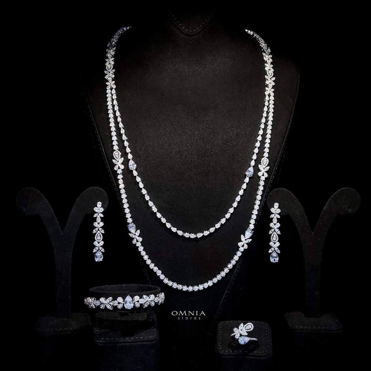 Omnia Yaza Bridal White Long chain Set High Quality Zircon Stone In Rhodium Plated(size 16 only available in ksa)