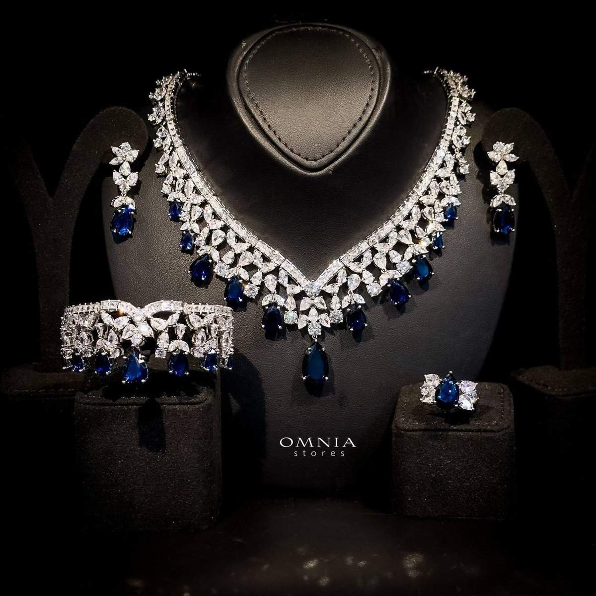 Omnia Princess Dark Blue Bridal Full Set in High Quality Simulated Diamonds Premium Rhodium Plated - OMNIASTORES UAE