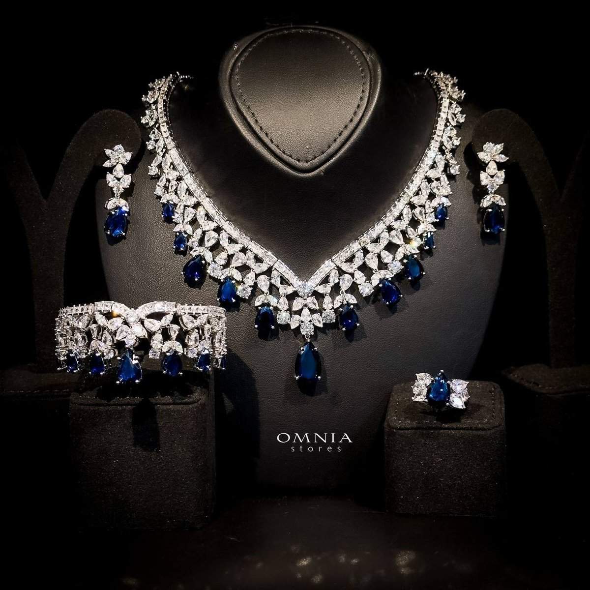 Omnia Princess Dark Blue Bridal Full Set in High Quality Simulated Diamonds Premium Rhodium Plated - OMNIASTORES UAE