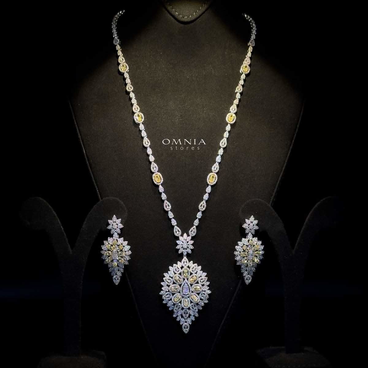 Omnia hasmaa Bridal Long chain Set Accessories High Quality Zircon Stone In Rhodium Plated - OMNIASTORES UAE