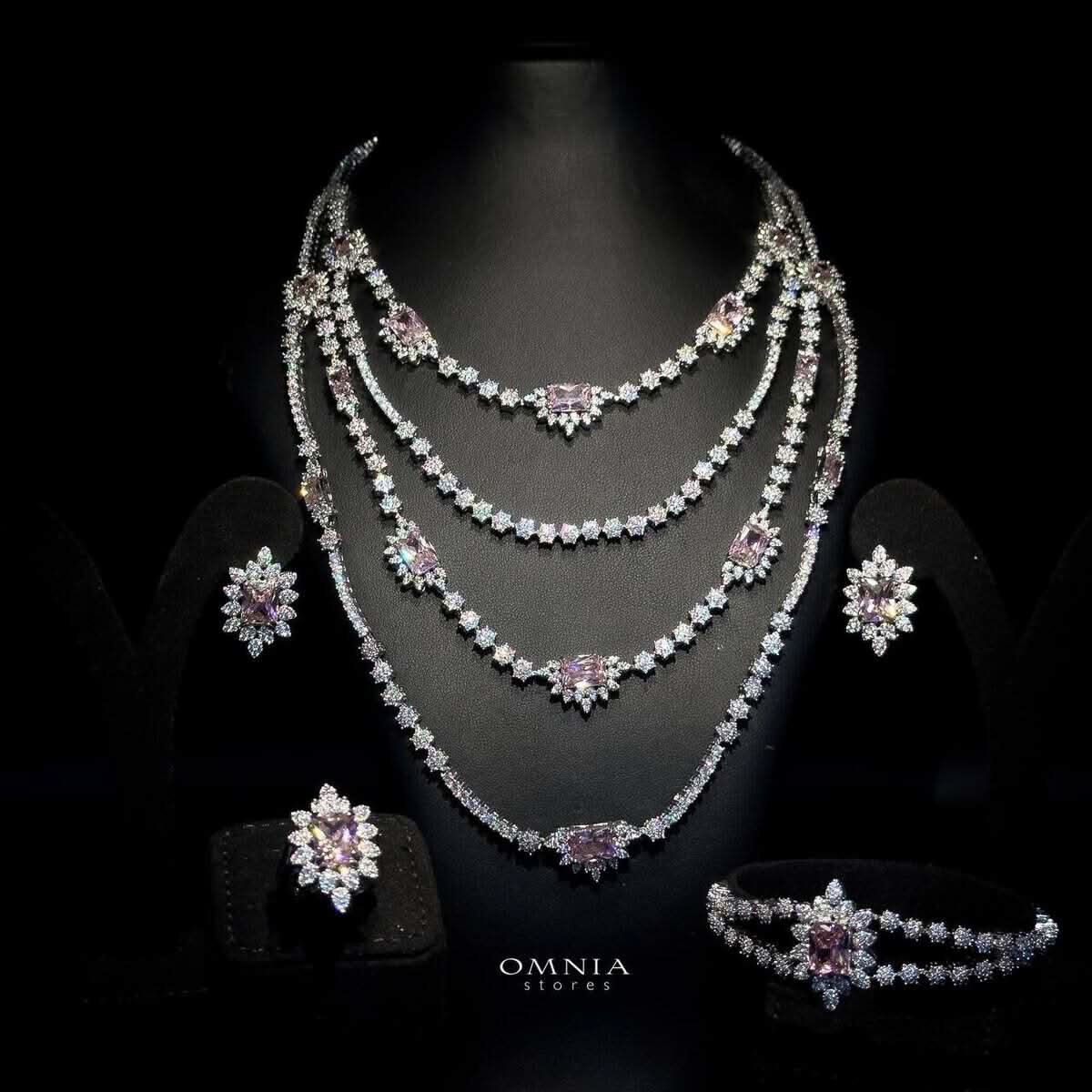 Omnia Blair Pink Bridal Full Set in High Quality Simulated Diamonds Premium Rhodium Plated - OMNIASTORES UAE