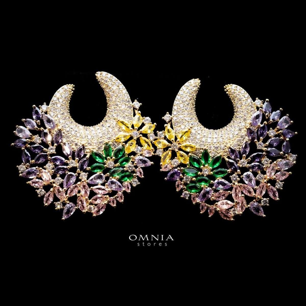 Omnia Layla Golden Floral Crescent Hoop Earrings with Multicolor Zircon Accents in High Quality Zircon Stone Rhodium Plated - OMNIASTORES UAE