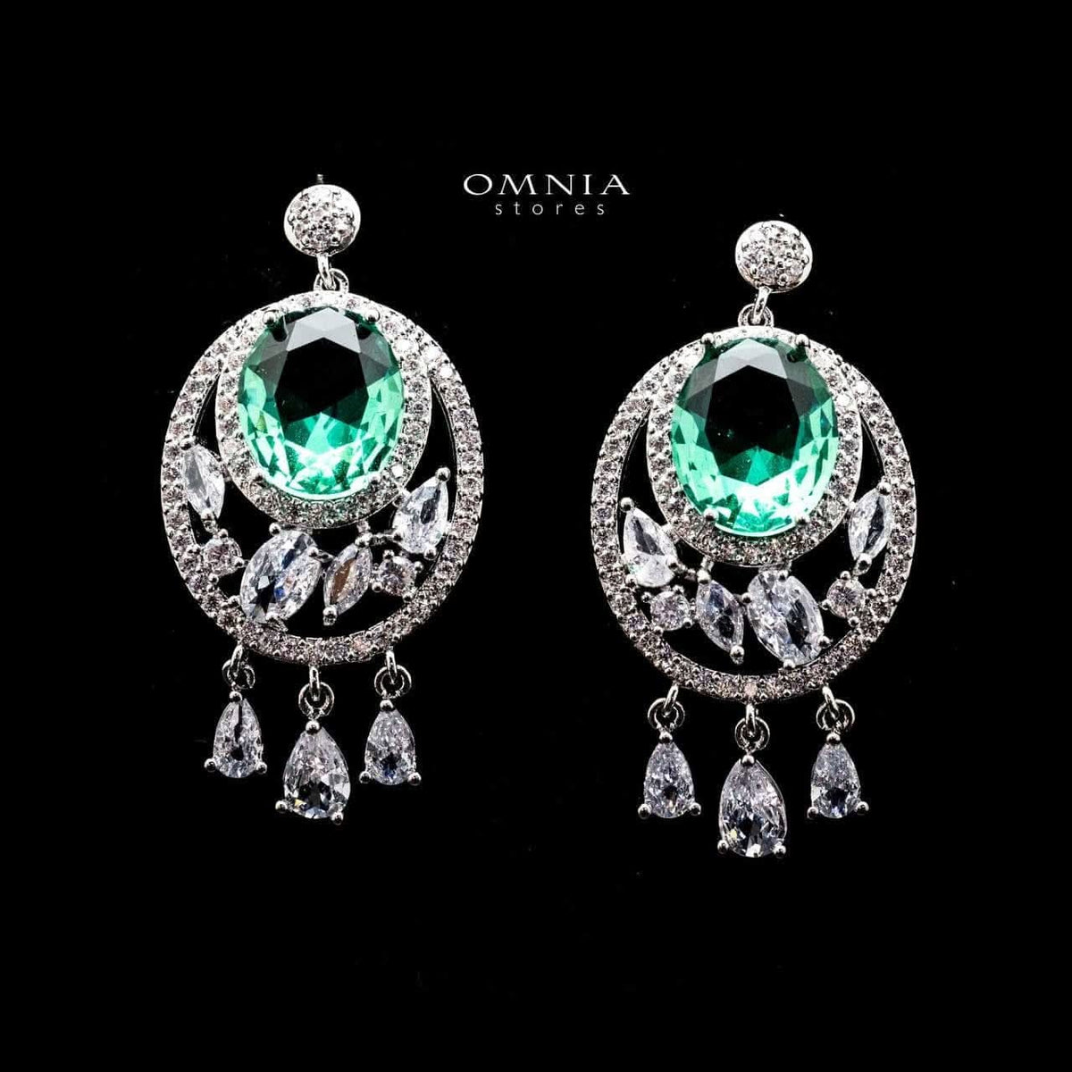 Omnia Rola Emerald Drop Earrings with White Zircon Accents in High Quality Rhodium Plated - OMNIASTORES UAE