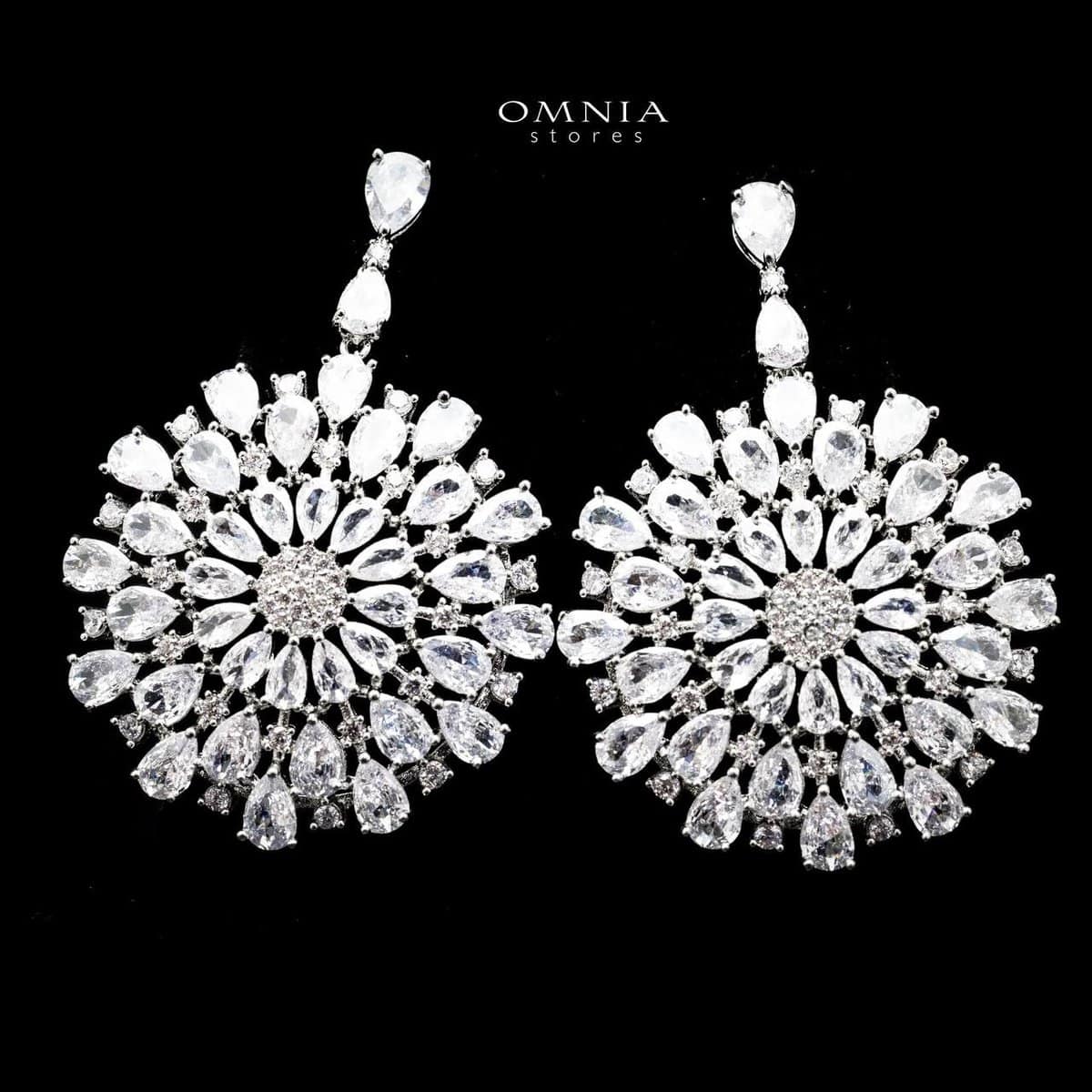 Omnia Inah Sunburst Chandelier Earrings with Pure White Zircon Stone in High Quality Rhodium Plated - OMNIASTORES UAE