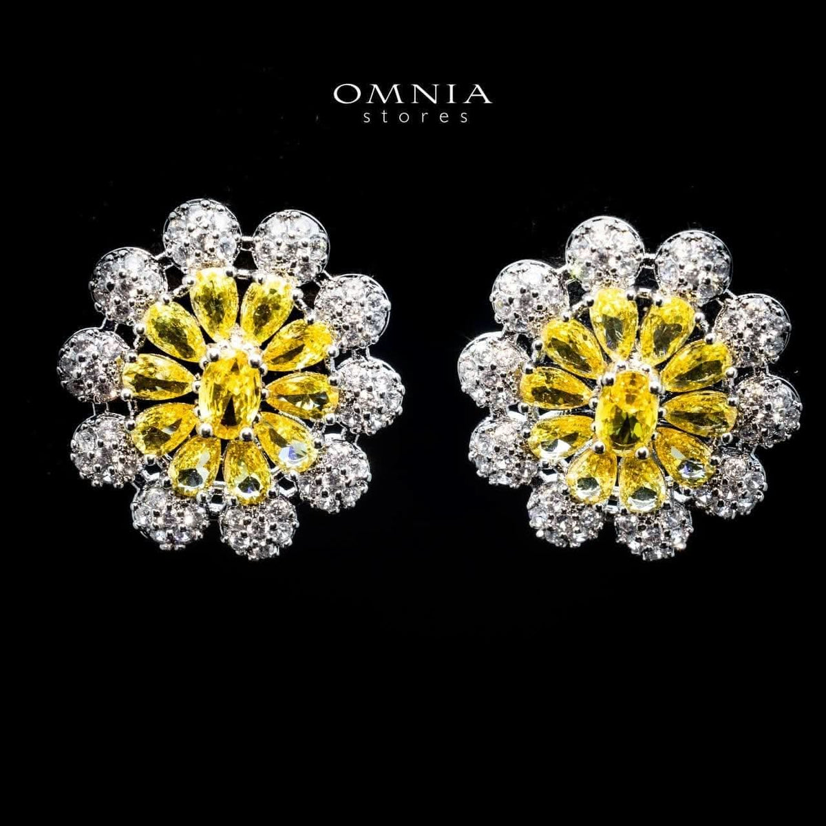 Omnia Randa Blossom Stud Earrings with Yellow and White Zircon Stone in High Quality Rhodium Plated - OMNIASTORES UAE