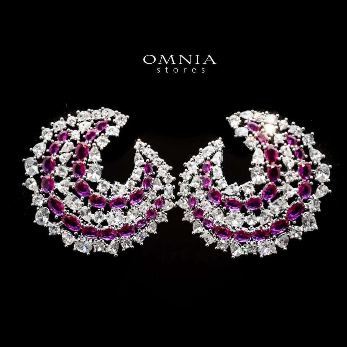 Omnia Salma Crescent Earrings with Maroon and White Zircon in High Quality Rhodium Plated - OMNIASTORES UAE