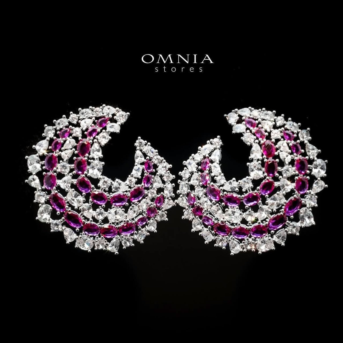 Omnia Salma Crescent Earrings with Maroon and White Zircon in High Quality Rhodium Plated - OMNIASTORES UAE