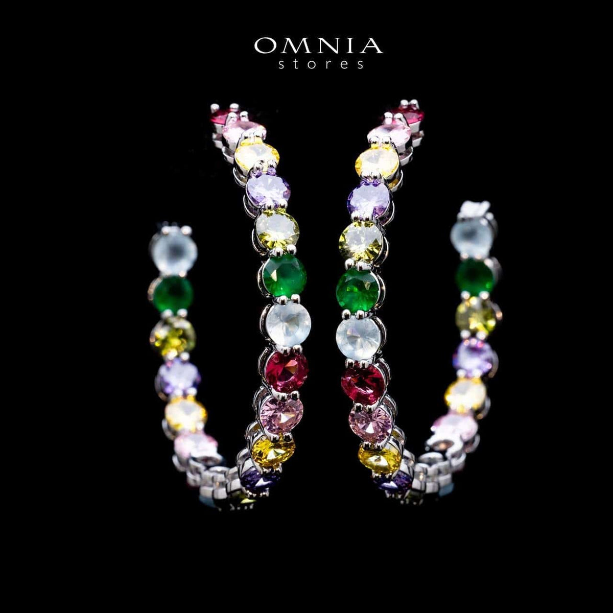 Omnia Rina Multi Color Radiant Crystal Hoop Earrings in High Quality Zircon Stone Rhodium Plated - OMNIASTORES UAE