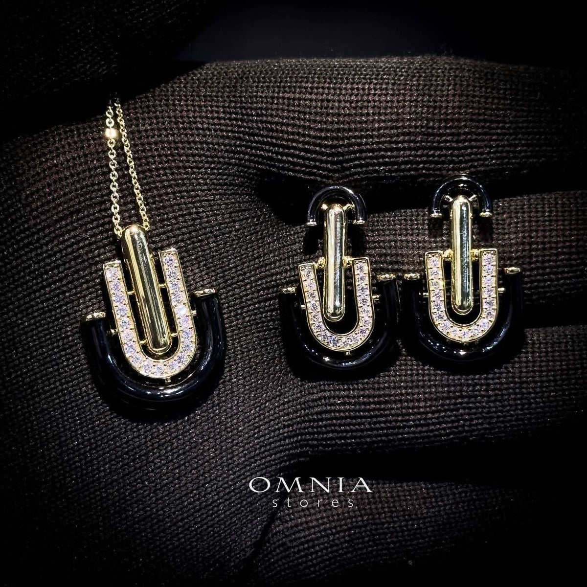 Omnia Andy Black Set Accessories in High Quality Zircon Stone Rhodium Plated - OMNIASTORES UAE