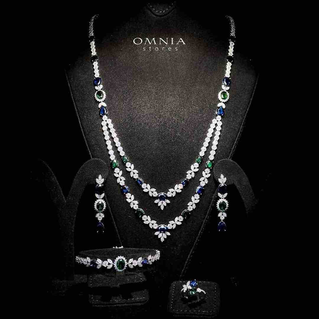 Omnia Jade Blue and Green Bridal Long Chain Set Accessories in High Quality Zircon Stone Rhodium Plated - OMNIASTORES UAE