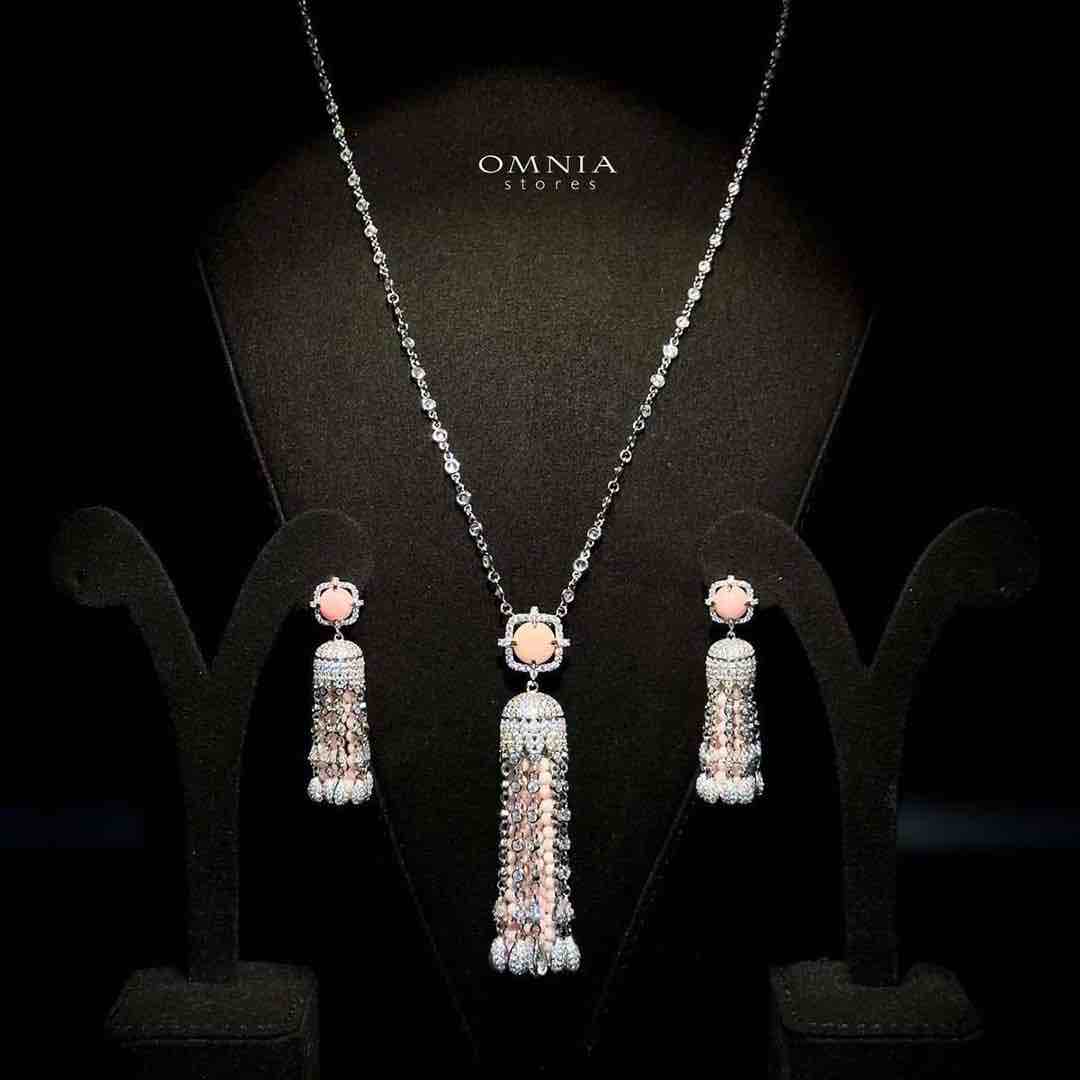 Omnia Yasmin Pink Long Chain Tassel Necklace & Earrings in 925 Silver with High Quality Simulated Diamonds