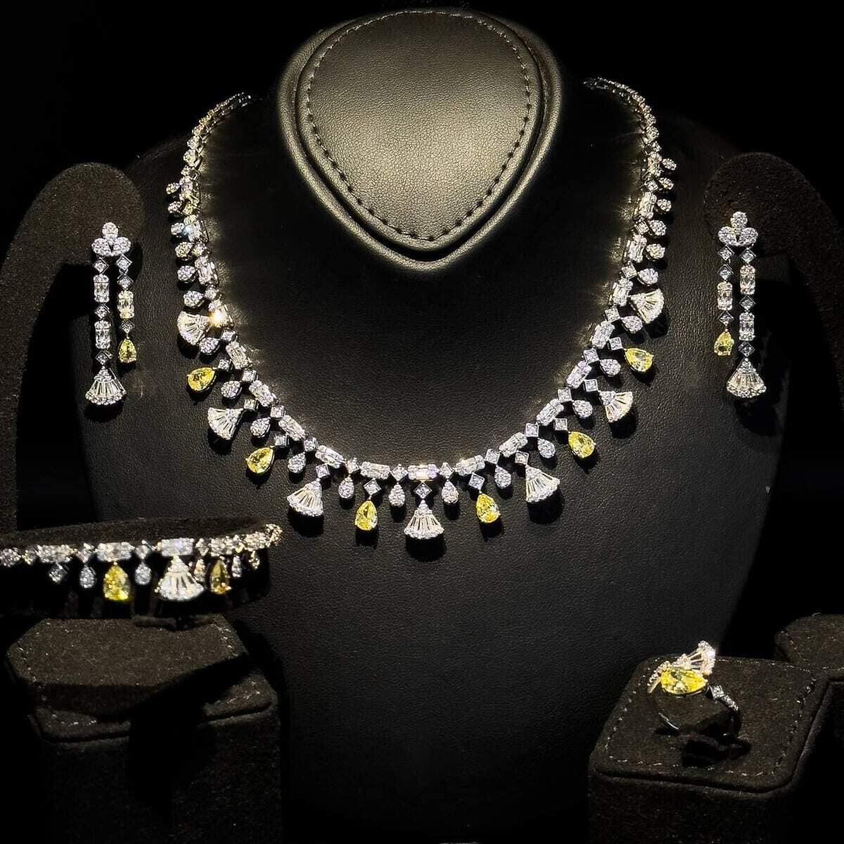 Omnia Marwa Yellow Bridal Full Set in High Quality Zircon Stone Premium Rhodium Plated - OMNIASTORES UAE
