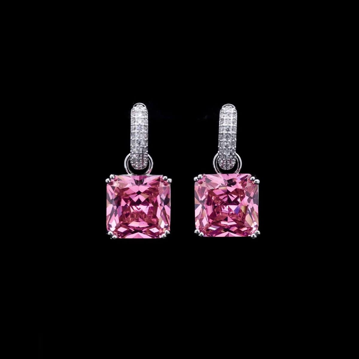 Omnia Helen Cushion Cut Drop Earrings with Pink Zircon in High Quality Rhodium Plated - OMNIASTORES UAE