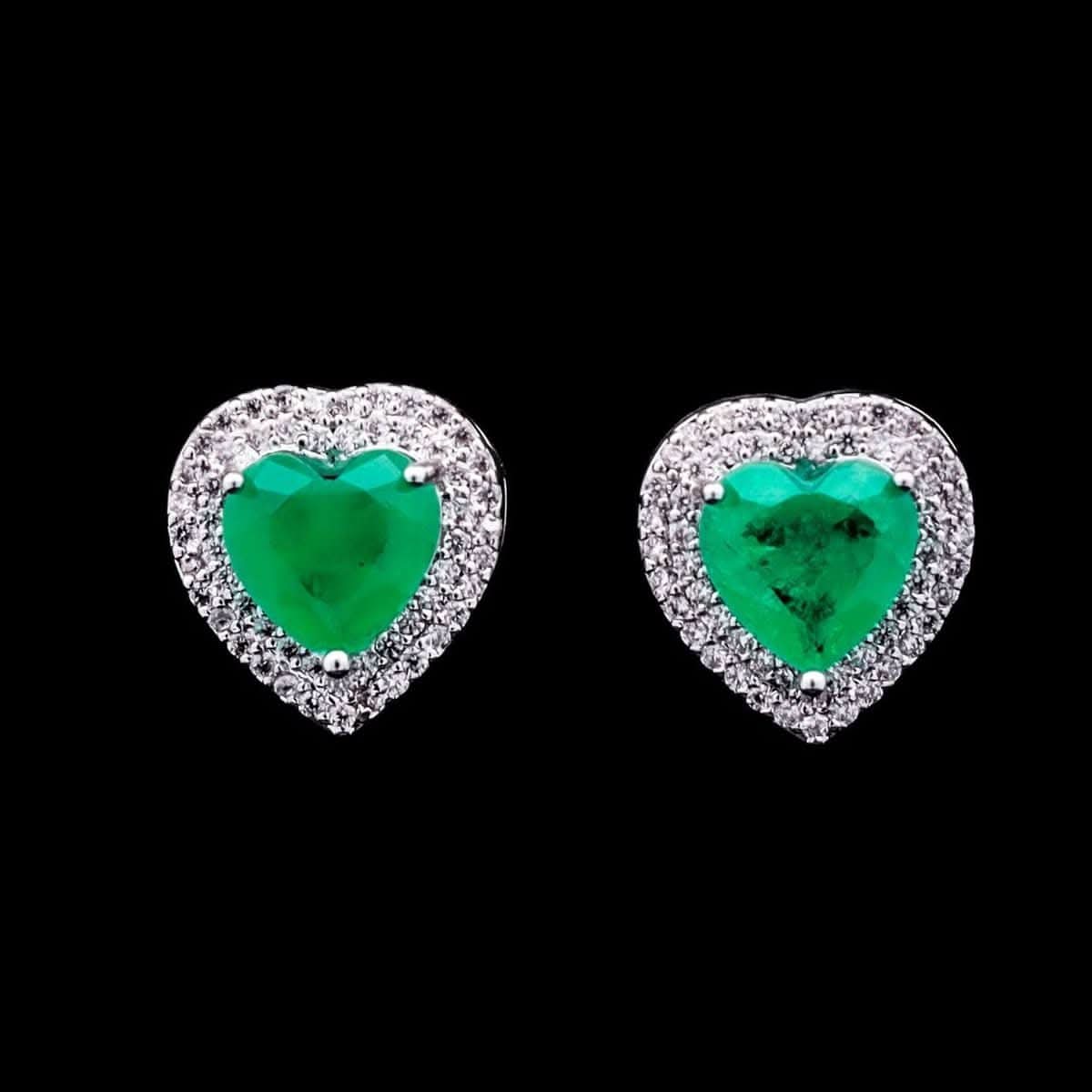 Omnia Serena Emerald Heart-Shaped Stud Earrings with High-Quality Zircon Stones in Rhodium Plated - OMNIASTORES UAE
