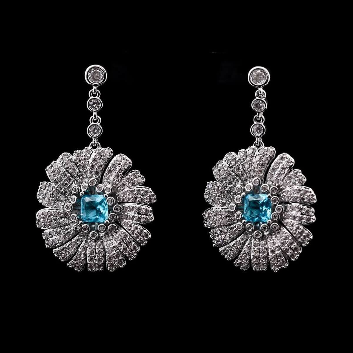 Omnia Shaden Blue Radiant Floral Drop Earrings with High-Quality Zircon Stones in Rhodium-Plated Finish - OMNIASTORES UAE