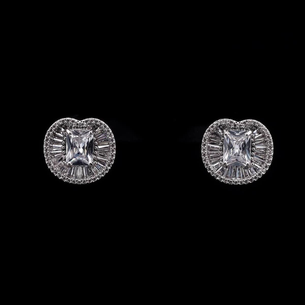 Omnia Hadeel Pure White Radiant-Cut Stud Earrings with High-Quality Zircon Stones in Rhodium-Plated Finish - OMNIASTORES UAE