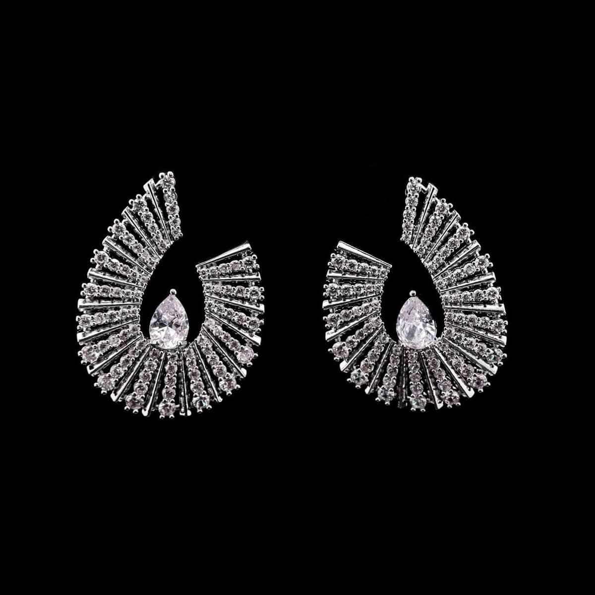 Omnia Nawal Radiant Fan-Shaped Earrings in High-Quality Zircon Stones and Rhodium-Plated Finish - OMNIASTORES UAE