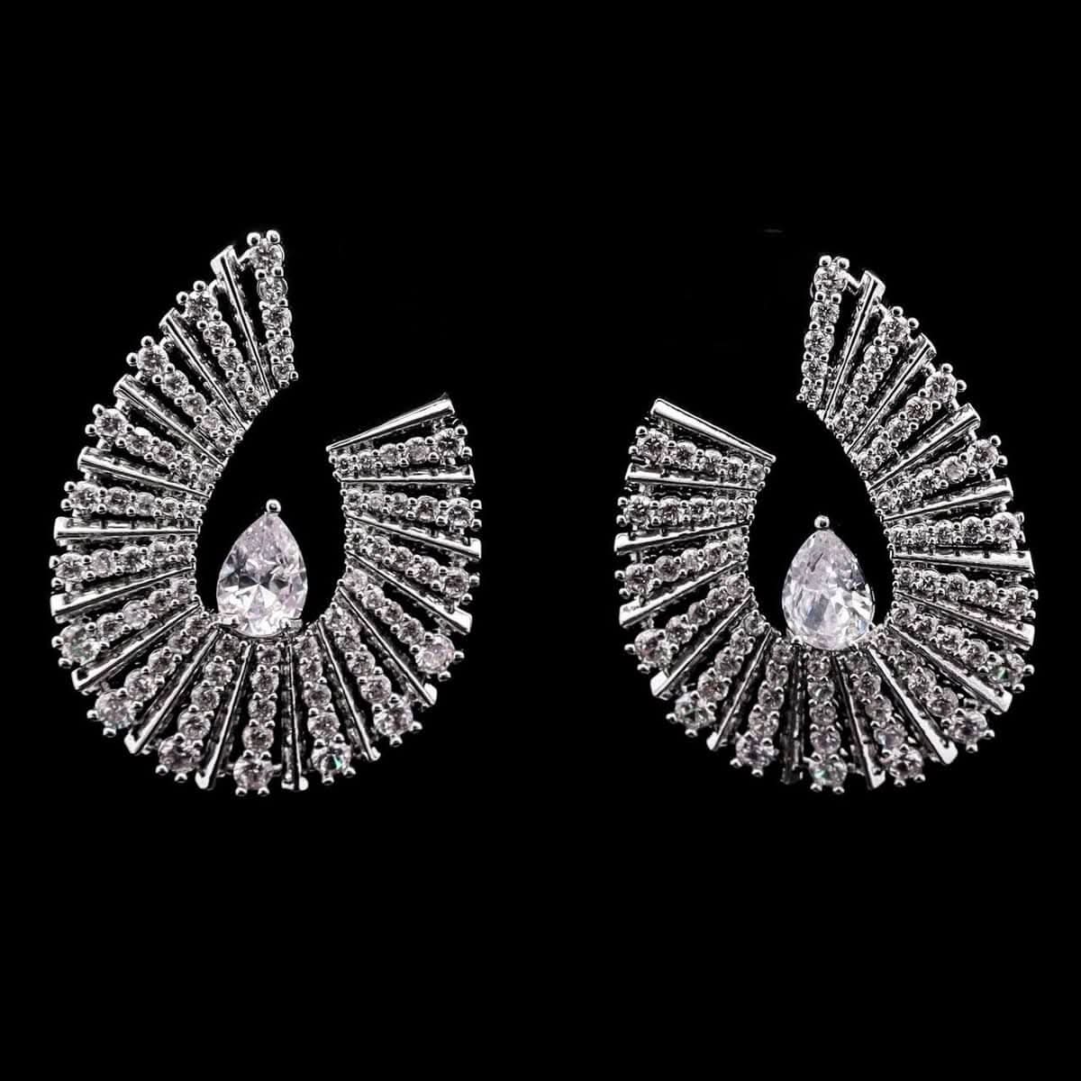 Omnia Nawal Radiant Fan-Shaped Earrings in High-Quality Zircon Stones and Rhodium-Plated Finish - OMNIASTORES UAE