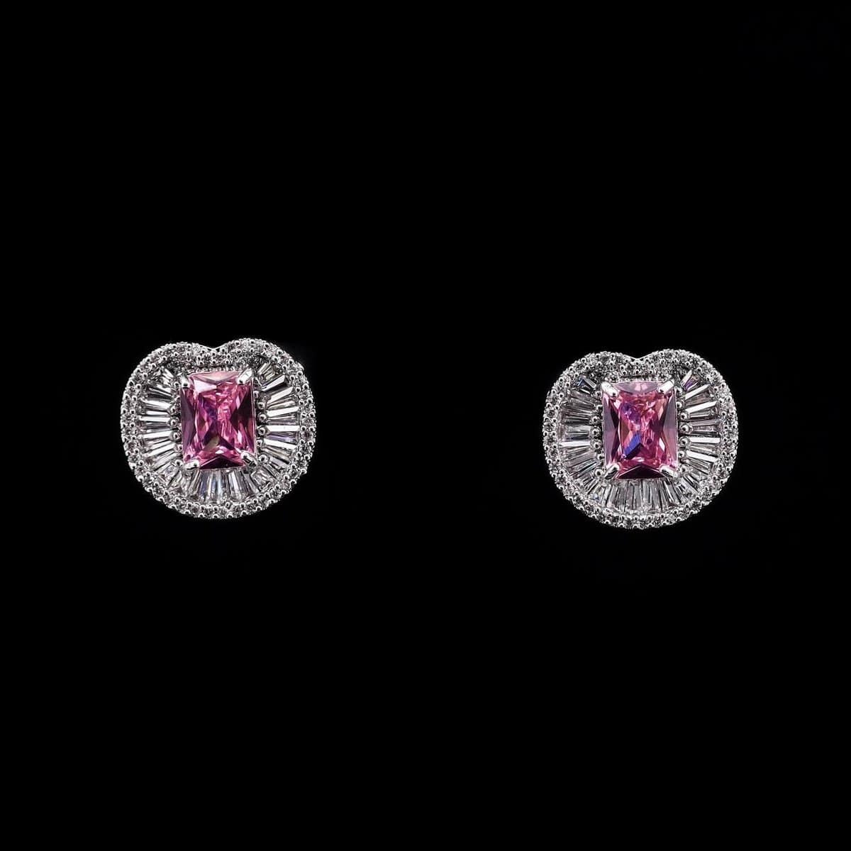 Omnia Hadeel Pink Radiant-Cut Stud Earrings with High-Quality Zircon Stones in Rhodium-Plated Finish - OMNIASTORES UAE