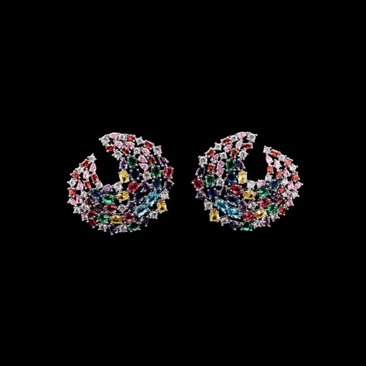 Omnia Mariam Multi-Colored Crescent Hoop Earrings with High-Quality Zircon Stones in Rhodium-Plated Finish - OMNIASTORES UAE