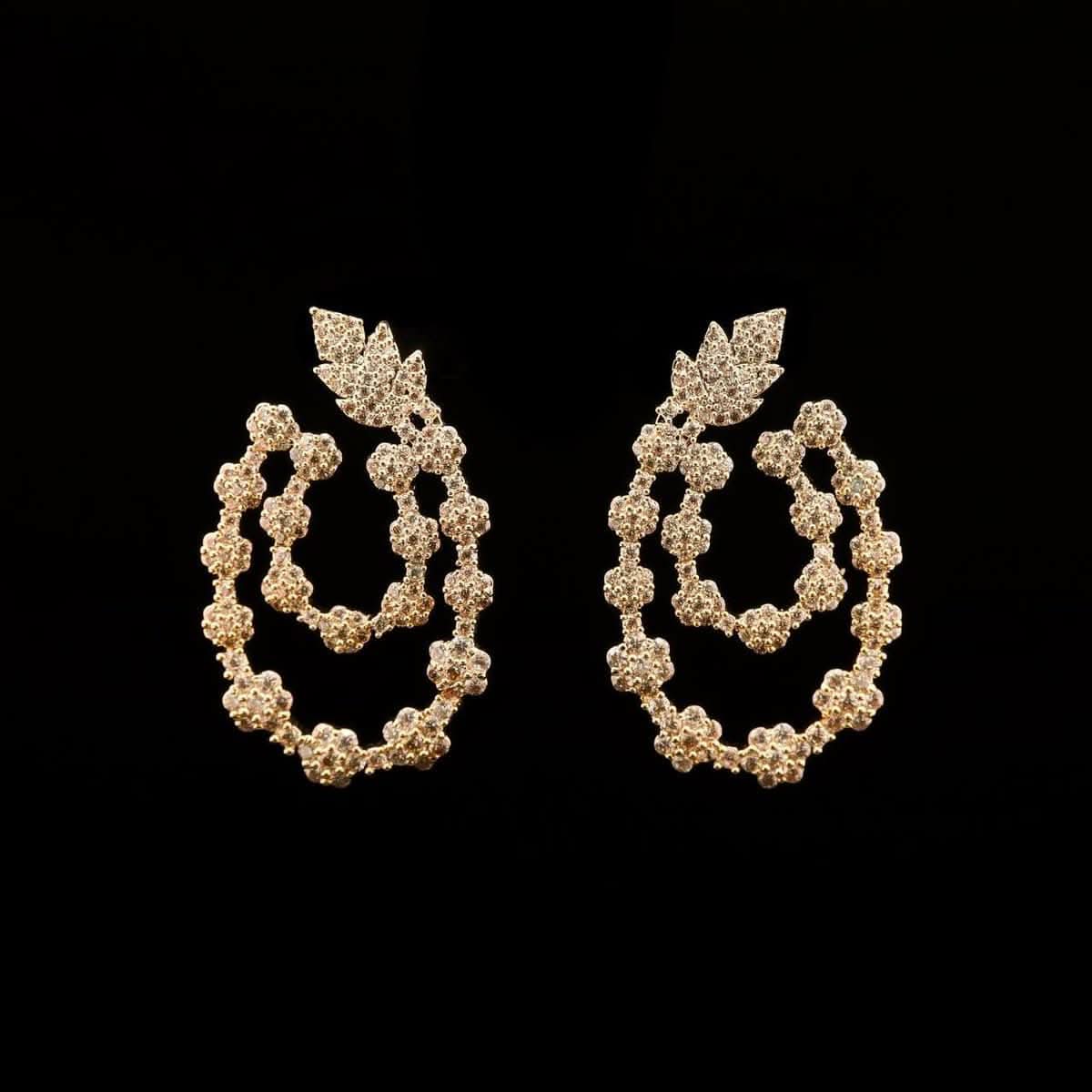 Omnia Najma Golden Floral-Design Long Drop Earrings with High-Quality Zircon Stones in Rhodium-Plated Finish - OMNIASTORES UAE