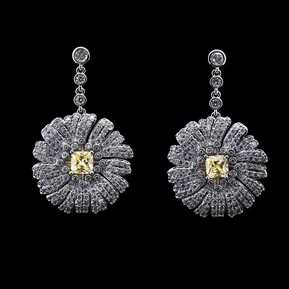 Omnia Shaden Yellow Radiant Floral Drop Earrings with High-Quality Zircon Stones in Rhodium-Plated Finish - OMNIASTORES UAE