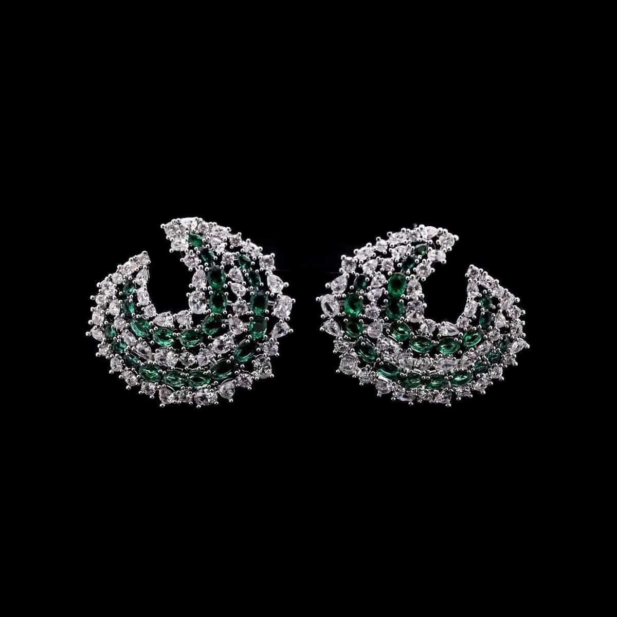 Omnia Salma Crescent Earrings with Green and White Zircon in High Quality Rhodium Plated - OMNIASTORES UAE