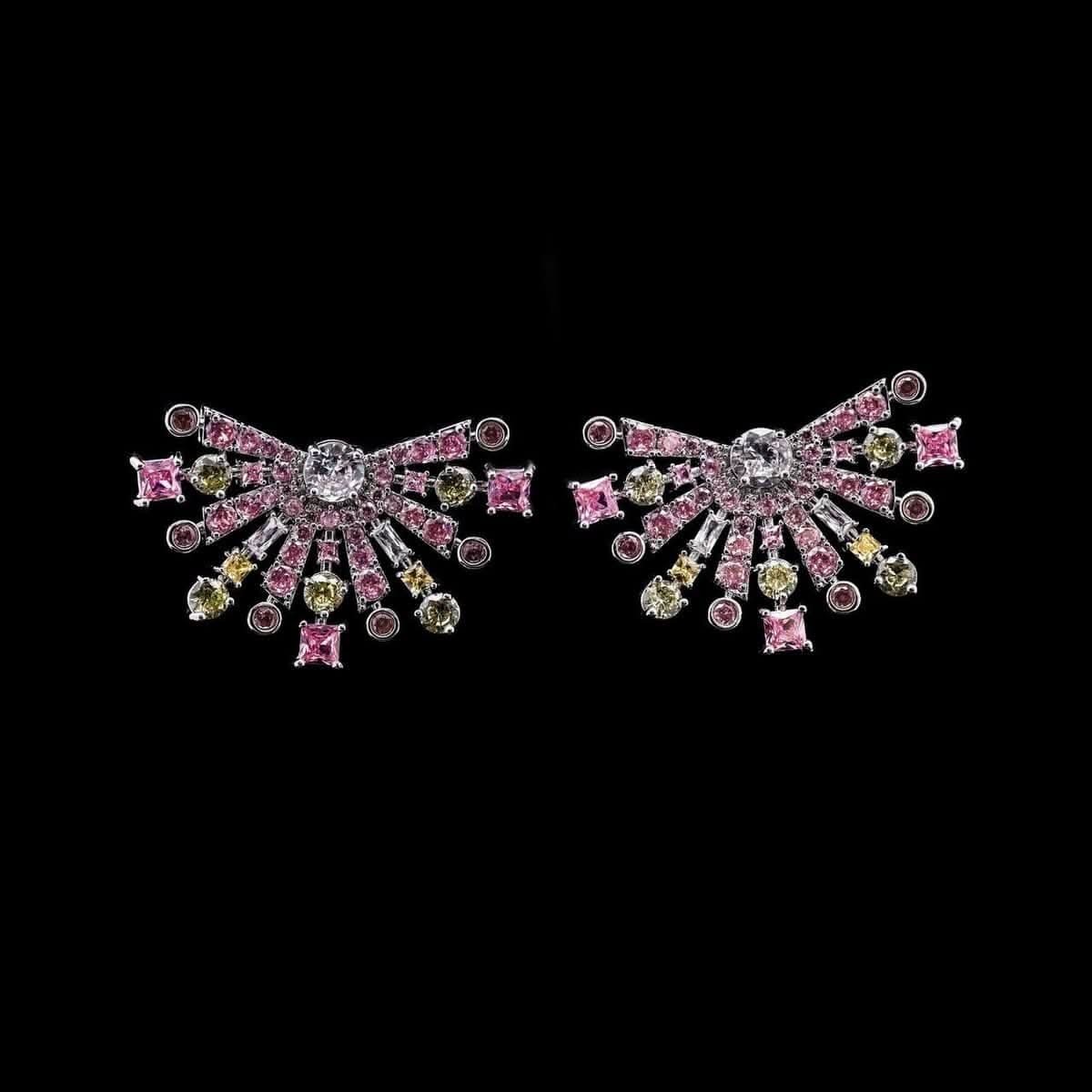 Omnia Zara Radiant Fan Design Earrings with Pink and Yellow Zircon Stones in High-Quality Rhodium Plated - OMNIASTORES UAE