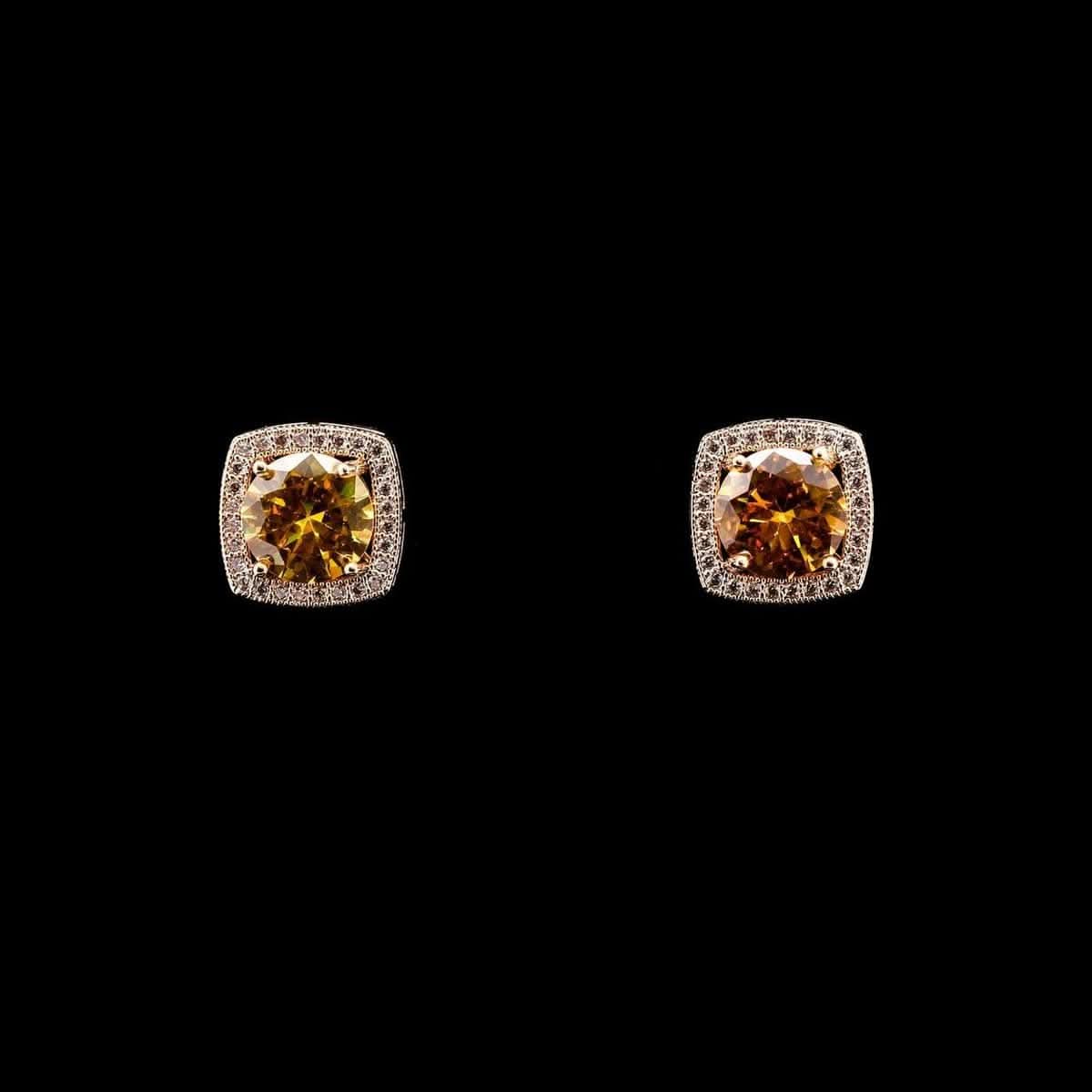 Omnia Rimas Golden Cushion-Cut Stud Earrings in High Quality Zircon Stone Rhodium Plated - OMNIASTORES UAE
