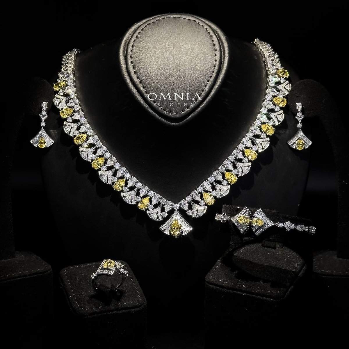 Omnia Elizabeth Yellow & White Bridal Full Set with Pear and Round Cut High-Quality Simulated Diamonds in a Stunning Two-Tone Rhodium Plated Finish - OMNIASTORES UAE