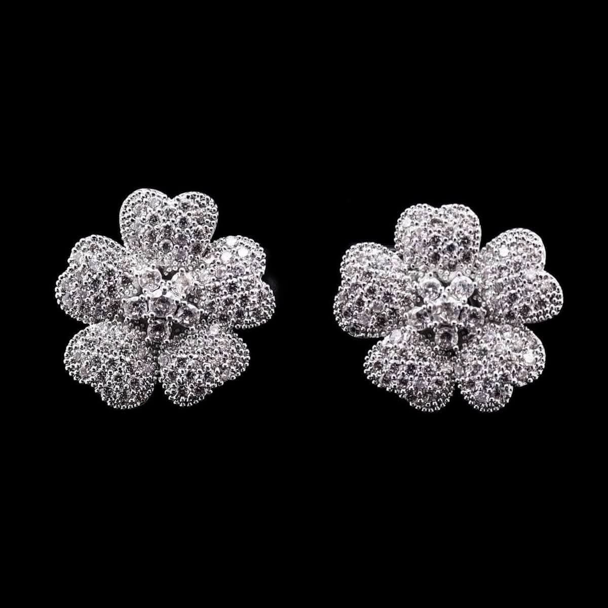 Omnia Lamis Silver Floral Earrings with Textured Petals and Pave-Set High-Quality Zircon Stones in a Rhodium Plated Finish - OMNIASTORES UAE
