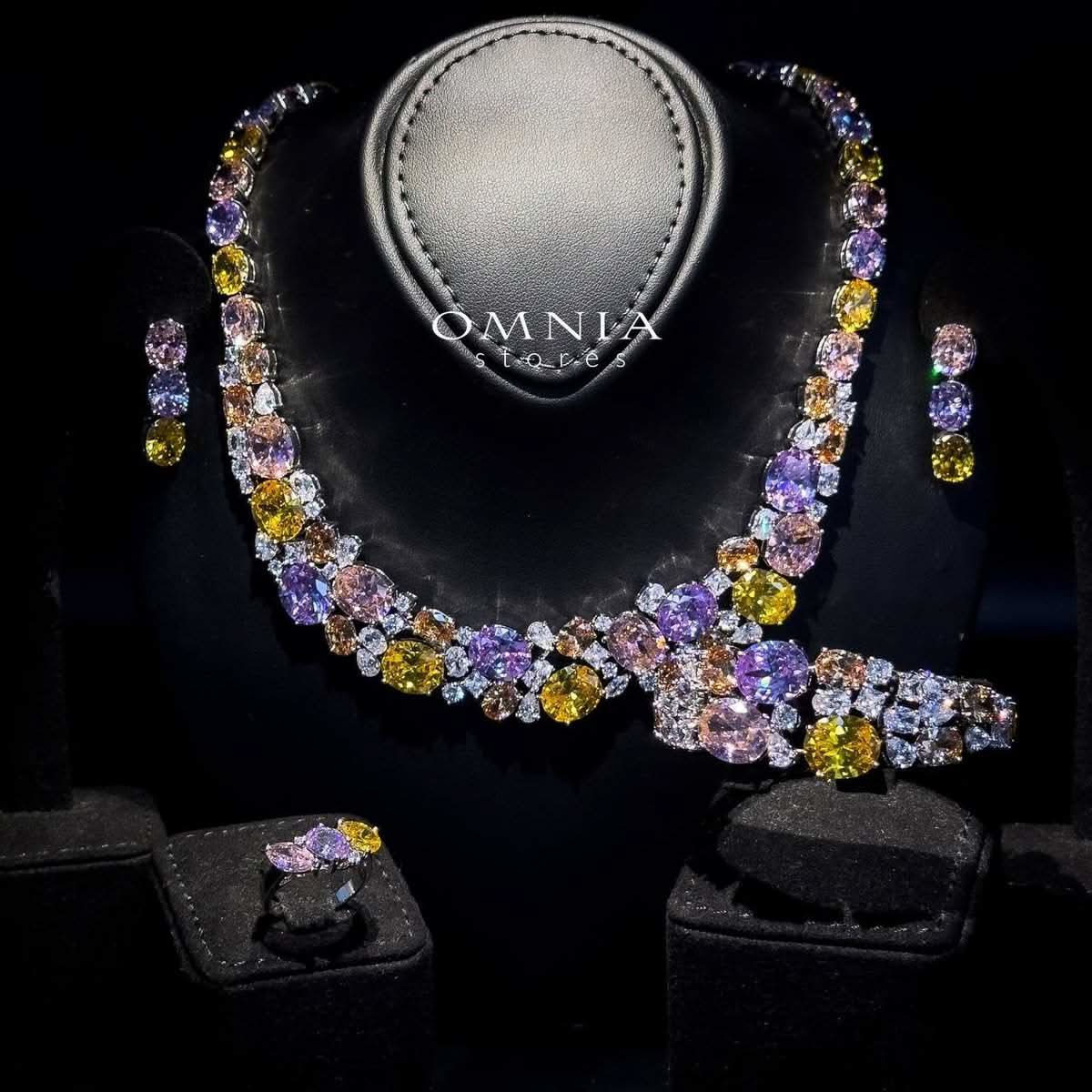 Omnia Artemis Baby Pink Multi-Colored Bridal Set with Round and Oval Cut High Quality Simulated Diamonds Premium Rhodium Plated - OMNIASTORES UAE