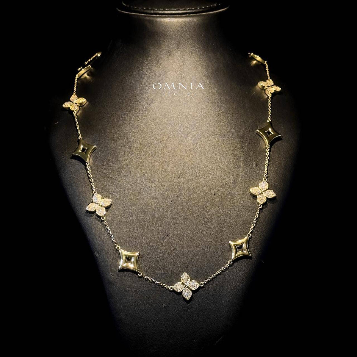 Omnia Golden Clove Long Chain in 100cm with High-Quality Simulated Diamonds Gold Plated