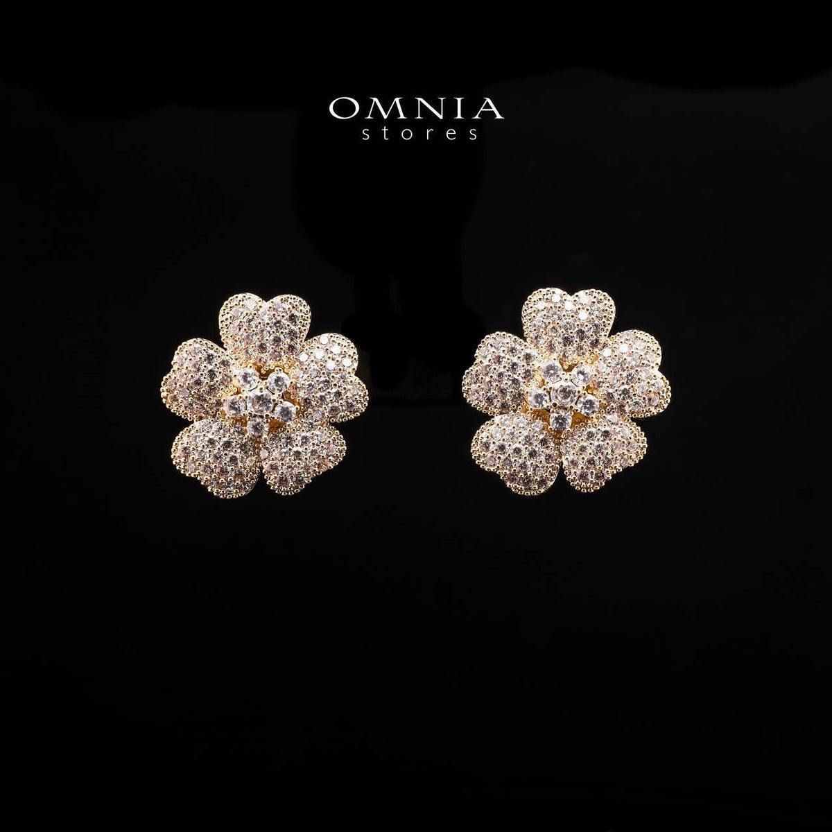Omnia Lamis Golden Floral Earrings with Textured Petals and Pave-Set High-Quality Zircon Stones in a Rhodium Plated Finish - OMNIASTORES UAE