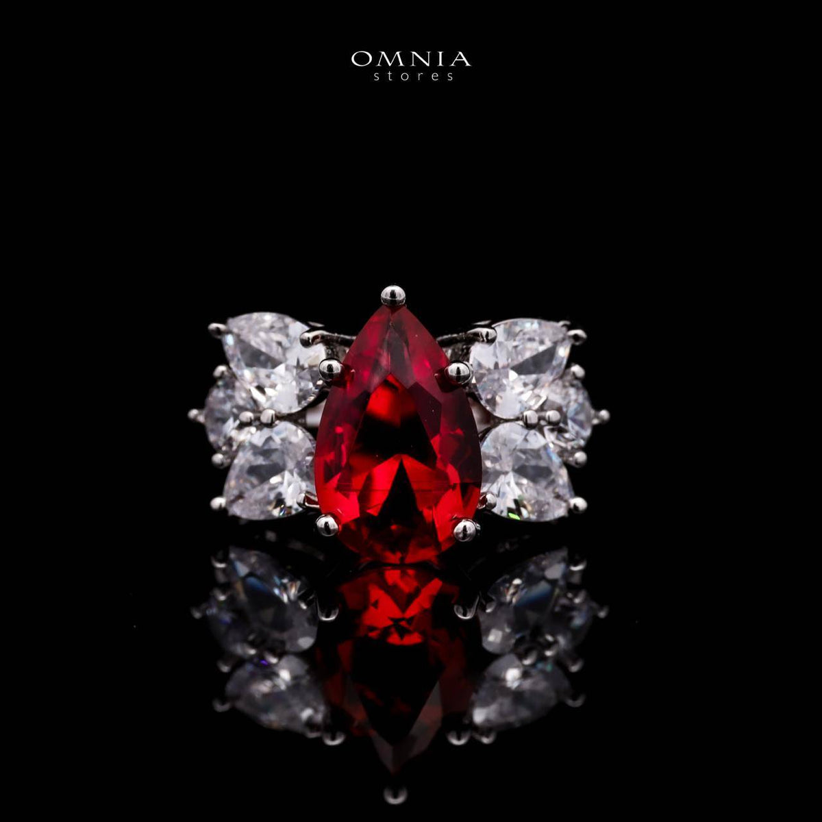 Omnia Princess Bridal Full Set with Pear-Cut White and Red High-Quality Simulated Diamonds Rhodium Plated - OMNIASTORES UAE