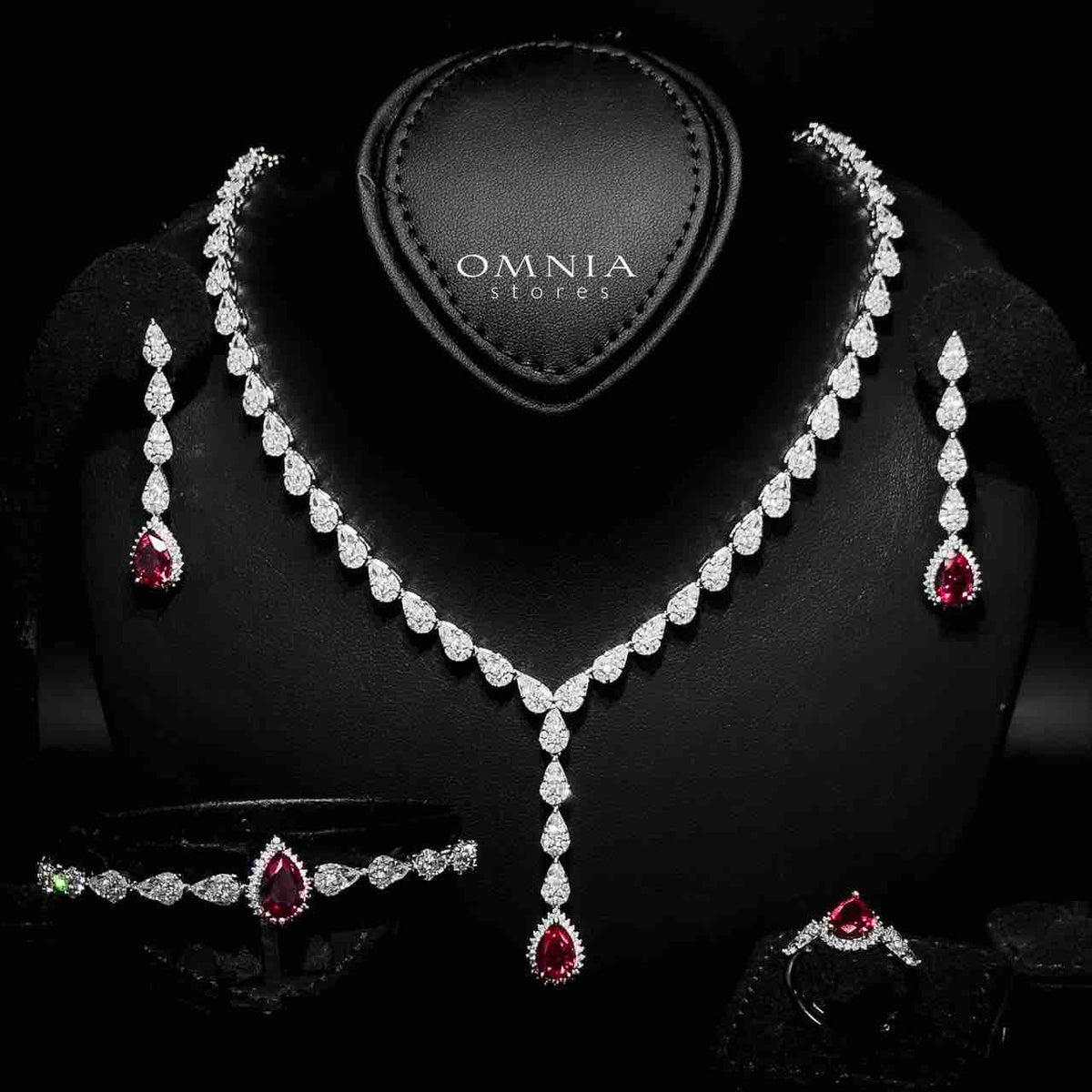 Omnia Radya Red Bridal Full Set in High Quality Zircon Stone Premium Rhodium Plated - OMNIASTORES UAE