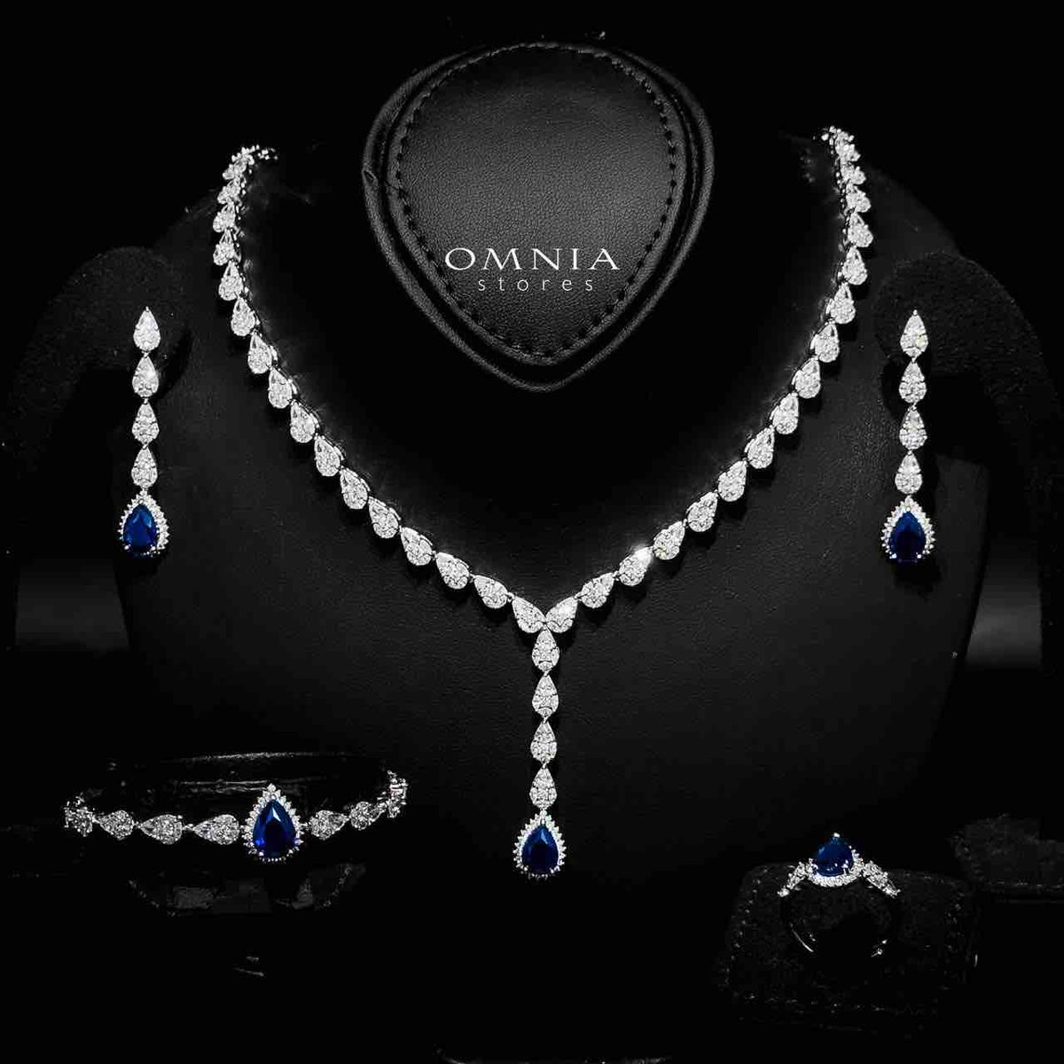 Omnia Radya Blue Bridal Full Set in High Quality Zircon Stone Premium Rhodium Plated - OMNIASTORES UAE
