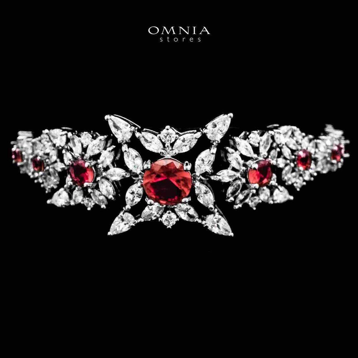 Omnia Nareen Red Bridal Full Set in High Quality Simulated Diamonds Premium Rhodium Plated - OMNIASTORES UAE