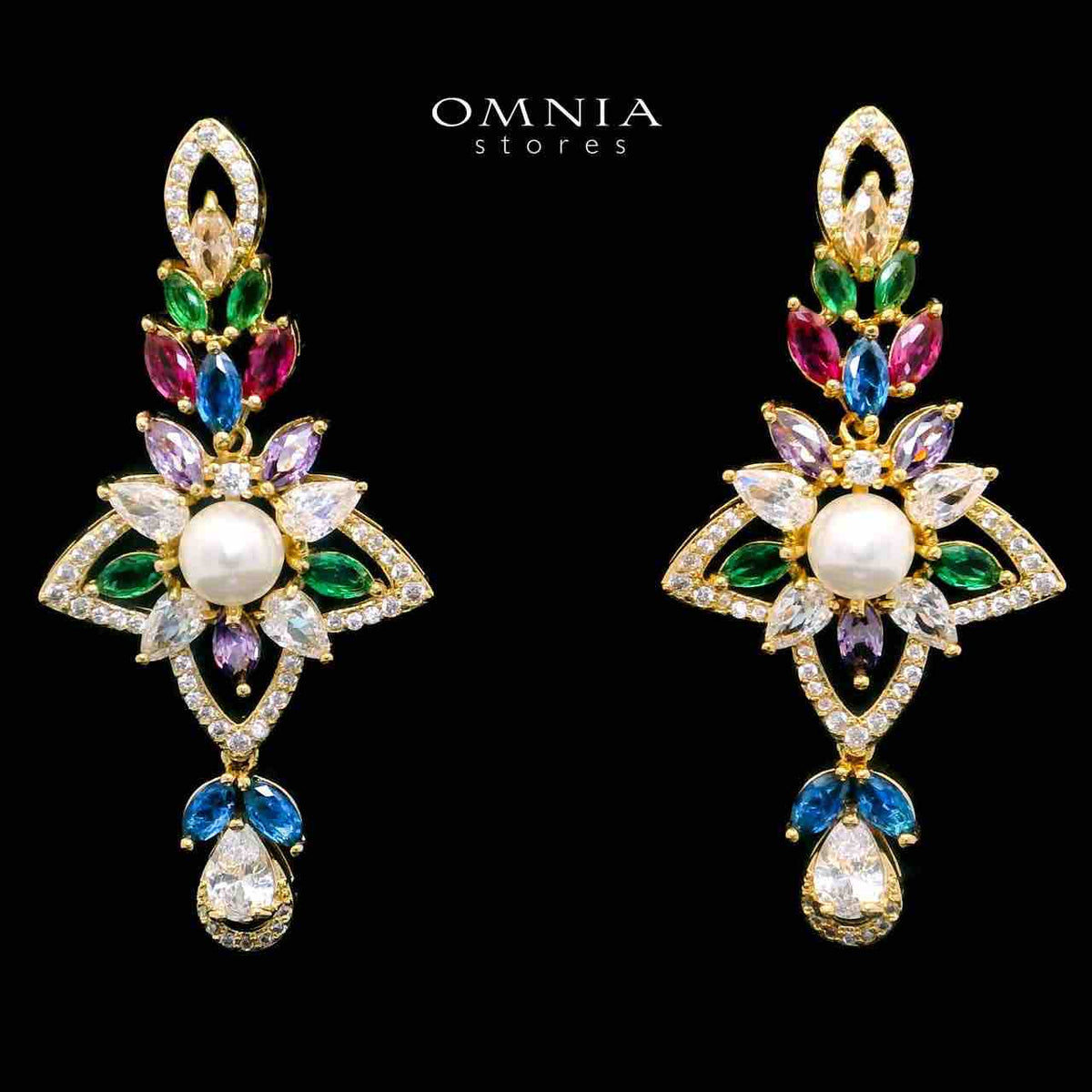 Omnia Safa Golden Multi Colored Bridal Long Chain Full Set in High Quality Zircon Stone Rhodium Plated - OMNIASTORES UAE