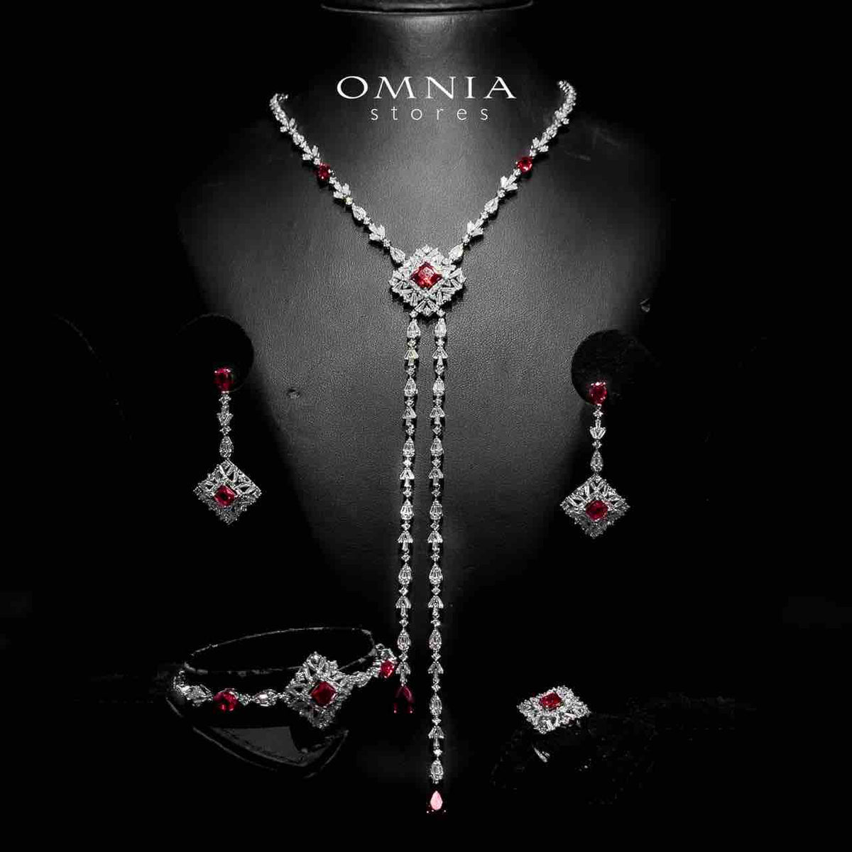Omnia Donya Red Long Chain Full Set in High Quality Zircon Stone in Rhodium Plated - OMNIASTORES UAE