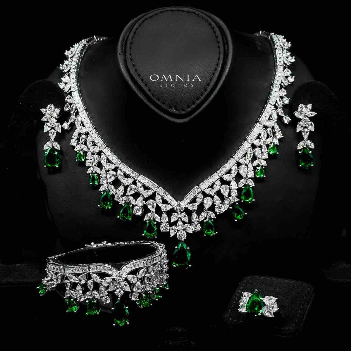 Omnia Princess Bridal Full Set with Pear-Cut White And Green High Quality Simulated Diamonds Premium Rhodium Plated - OMNIASTORES UAE