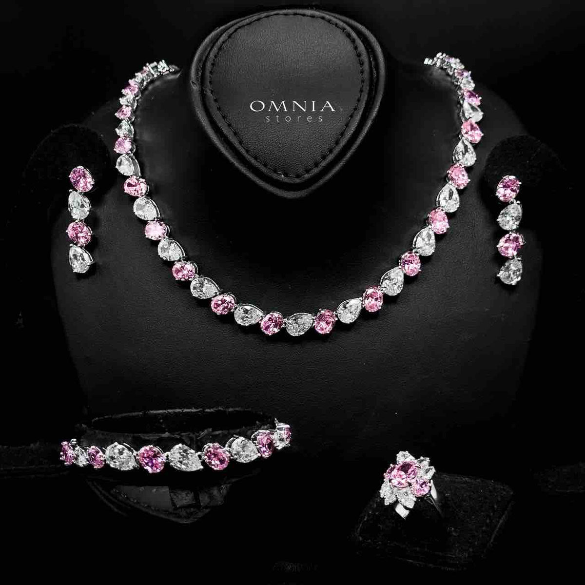 Omnia Lamia White And Pink Bridal Full Set with High Quality Simulated Diamonds Premium Rhodium Plated - OMNIASTORES UAE