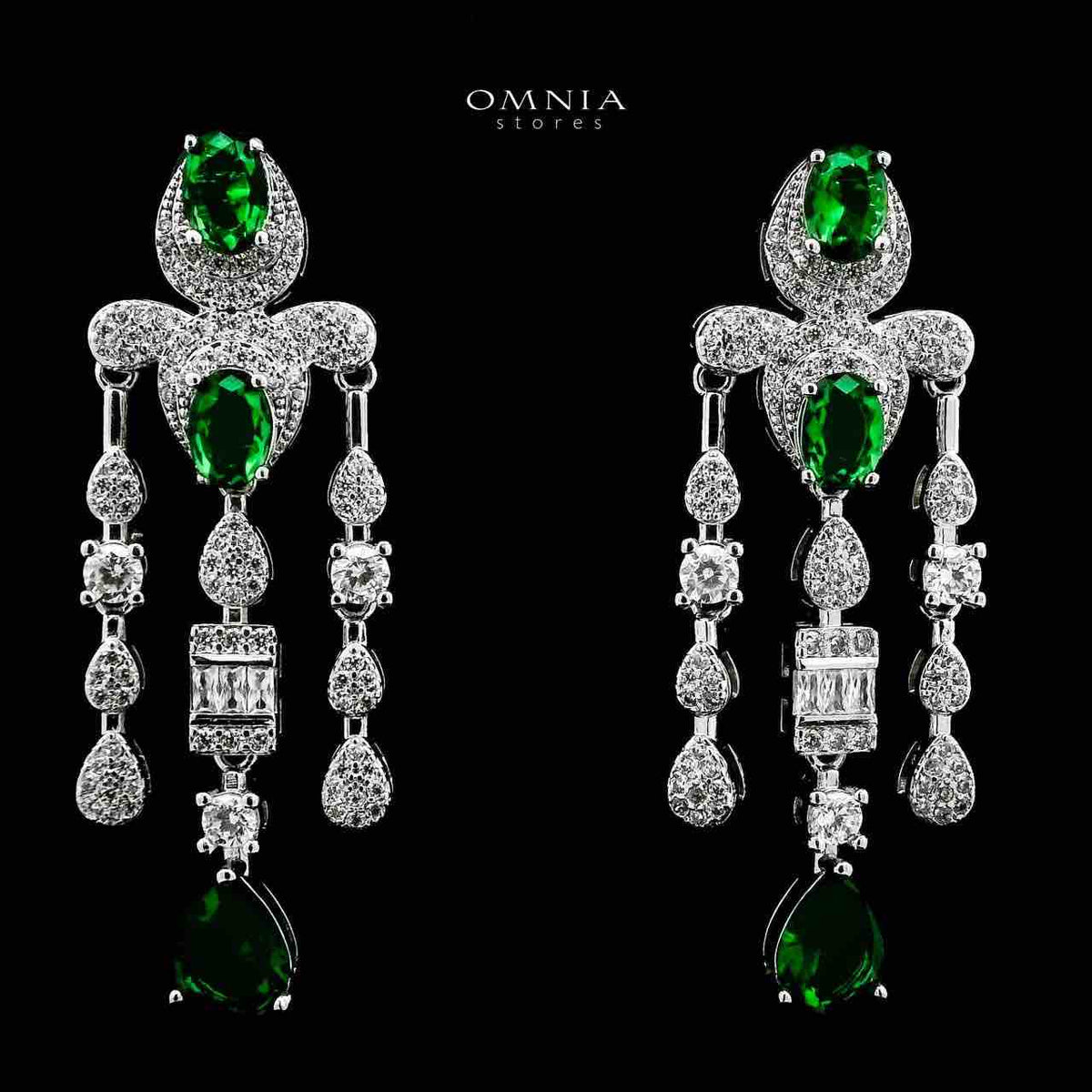 Omnia Aleya Green Bridal Full Long chain Set in High Quality Simulated Diamonds Rhodium Plated - OMNIASTORES UAE